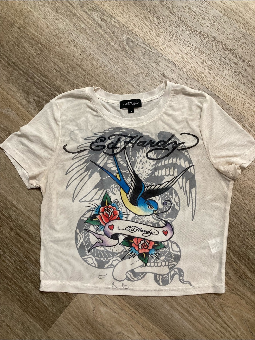 Ed Hardy cream Sheer mesh Graphic Tee with Black Print ( hard to come by )